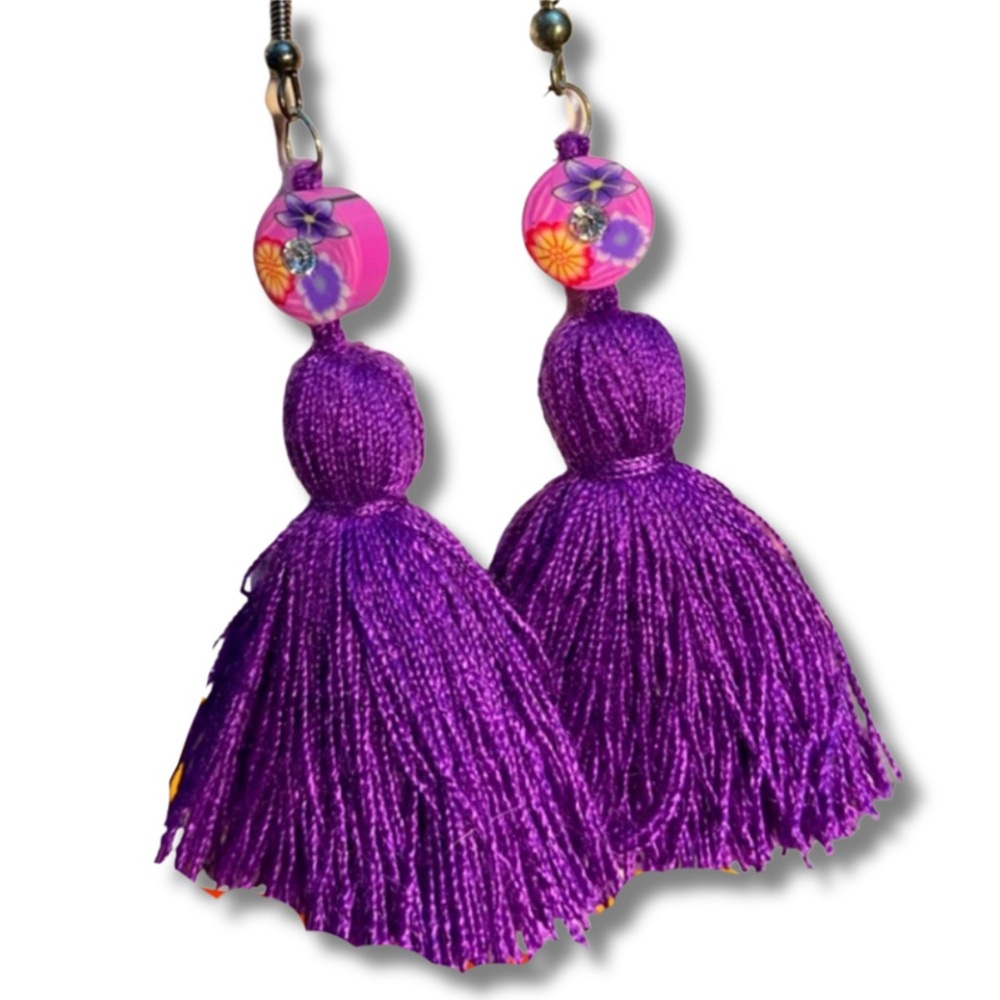 HANDCRAFTED Earrings Tassel Purple Pink Beads Fishhook Style Pierced Earrings